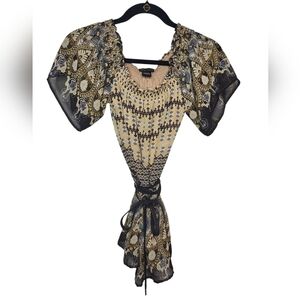 Sam & Max Women's Boho Brown And Yellow Smocked Peasant Top Size S